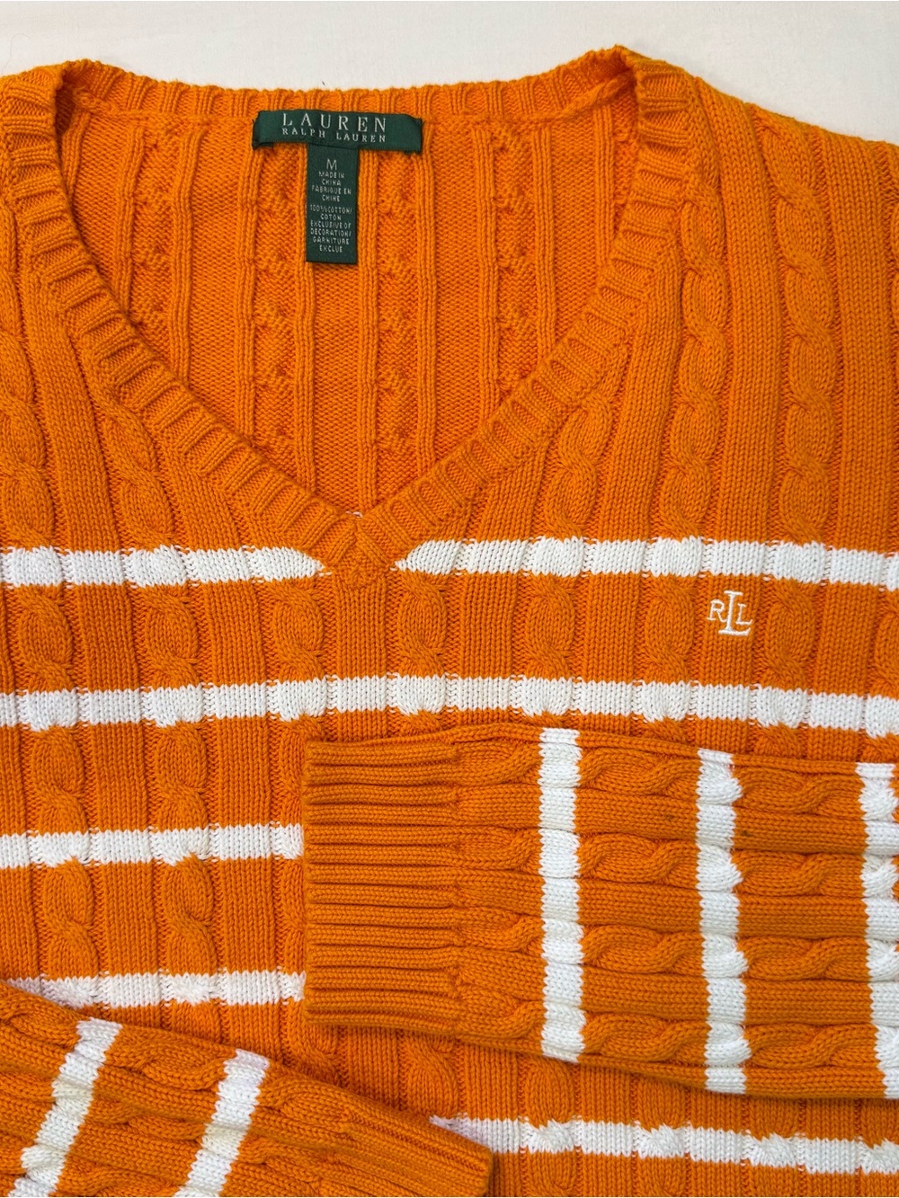 Lauren Ralph Lauren Sweater Women’s Medium Orange Stripe Cable Knit Preppy RLL